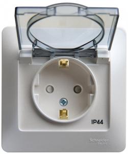 Розетка 1-м 16А С/У З/К со шторками с крышкой в сборе c рамкой IP44 Перламутр Glossa