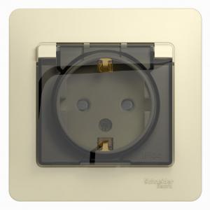 Розетка 1-м 16А С/У З/К со шторками с крышкой в сборе с рамкой IP44 Бежевый Glossa