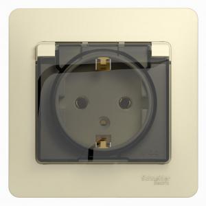 Розетка 1-м 16А С/У З/К со шторками с крышкой в сборе с рамкой  IP20 Бежевый Glossa