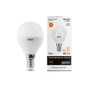 Лампа светодиодная Gauss Elementary G45 E14 6W 3000K шар