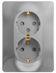 Розетка 2-м 16А С/У З/К со шторками в сборе с рамкой Алюминий Glossa